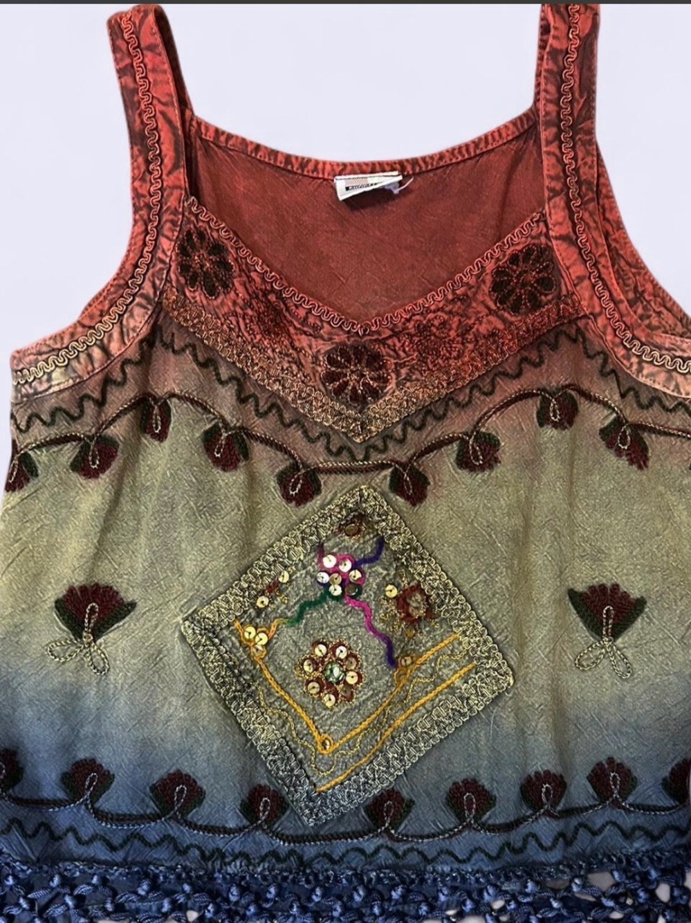 Shoreline Embroidered Gradient Tank Top in Rust, Olive, and Blue